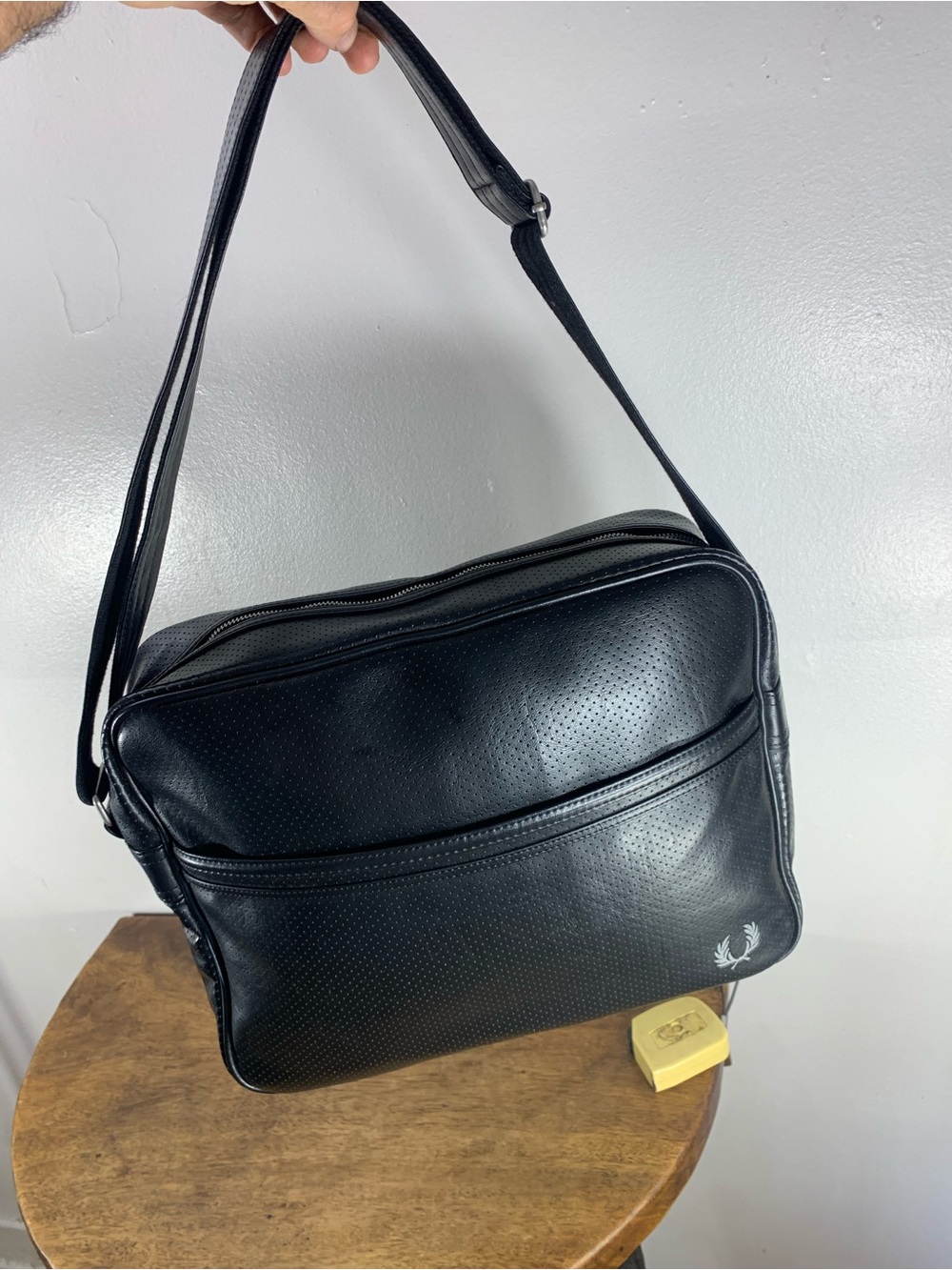 Fred Perry Black Perforated Leather Look Crossbody laptop computer shoulder bag
